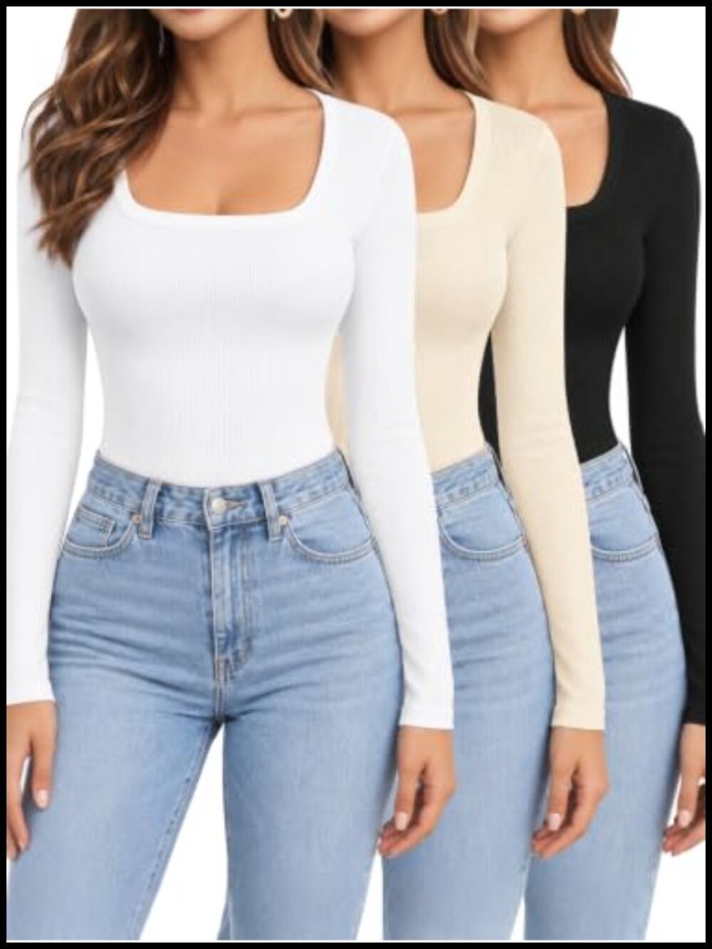 3 Pack Womens Long Sleeve Crewneck Ribbed Slim Fit T-Shirts